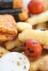 japanese Otsumami rice cracker or crunchy snack chip and peanut