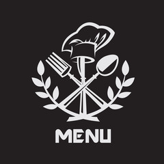menu design with knife, fork and spoon on black background