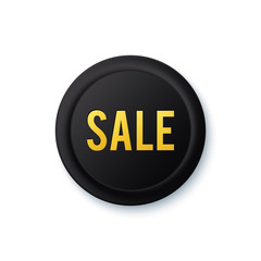 Black round sale sticker with golden letters.