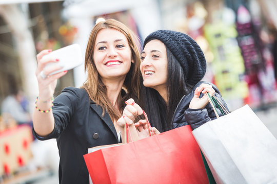 Happy Women Taking Selfie after Shopping