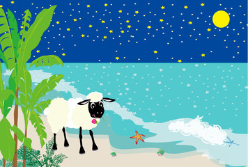 羊と南国のビーチと夜空