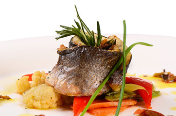 Sea bass fillet with spring vegetables