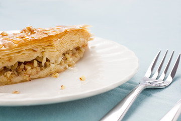 Baklava served on a white plate