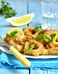 Calamari fried in breadcrumb.