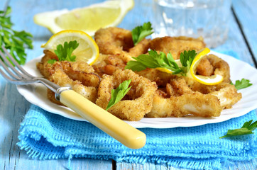 Calamari fried in breadcrumb.