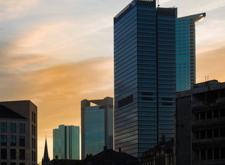 Skyline of business buildings at sunset in Frankfurt, Germany