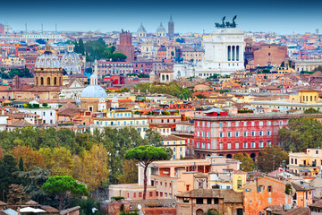 Panoramic view of downtown Rome from the Gianicolo hill, Italy
