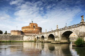 Saint Angel Castle and bridge over the Tiber river in Rome