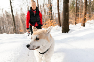 Woman and dog walking in winter mountains