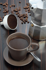 Stovetop coffee maker filter, cup of coffee and filter.