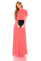 Girl in pink dress with tablet computer