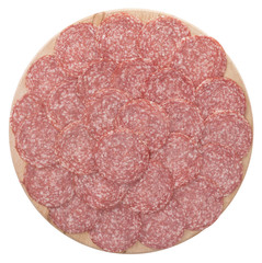 sausage on rounder wooden board isolated