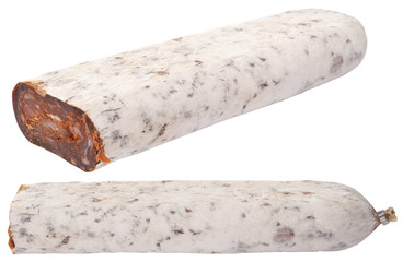 flat sausage on rounder wooden board isolated