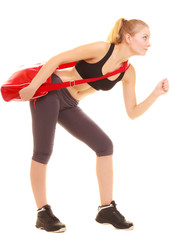 Fototapeta na wymiar Sport. Fitness sporty girl with gym bag running to training