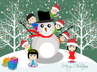 Merry christmas with happy kids and snowman