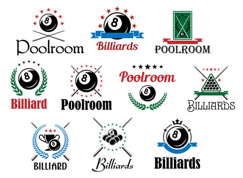 Billiard game emblems and symbols set