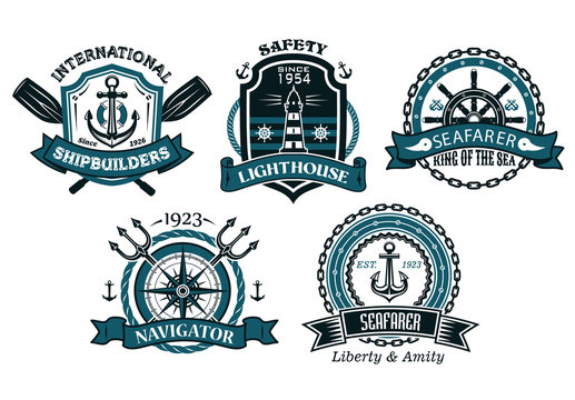 Nautical badges and emblems set in heraldic style
