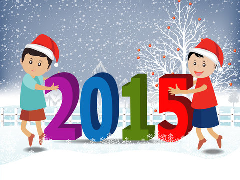 Merry christmas  and Happy new year 2015 with happy kids