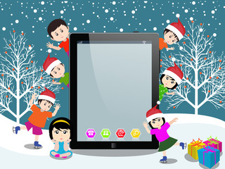 Merry christmas with happy kids and tablet