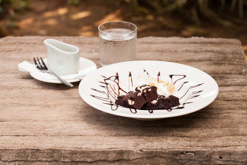 Chocolate brownie with nuts.