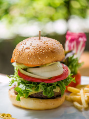 Classic deluxe cheeseburger with lettuce, onions, tomato and pic