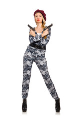 Woman soldier isolated on white