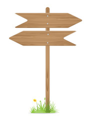 Wooden signpost on grass with flower isolated on white