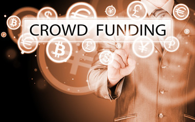 Businessman pushes virtual crowd funding button