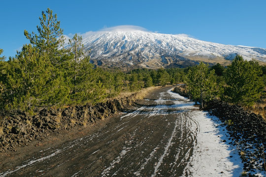 Dirt Trail To The Snowy Volcano Etna, Sicily