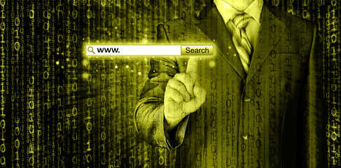Businessman pushing virtual search bar