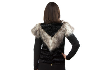 Image woman in black fur waistcoat from the back
