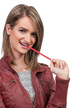 Woman Chewing Pencil