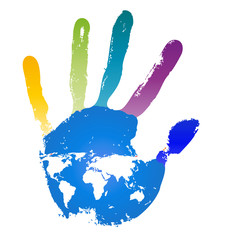 Conceptual children painted hand print and map isolated