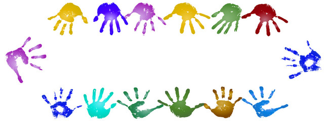 Conceptual children painted hand print frame isolated