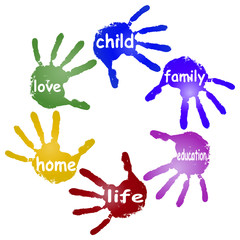 Fototapeta premium Conceptual children painted hand print word cloud
