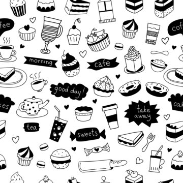 Cute hand drawn food and cafe seamless pattern