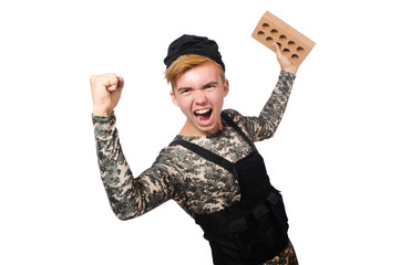 Funny soldier in military concept isolated on the white