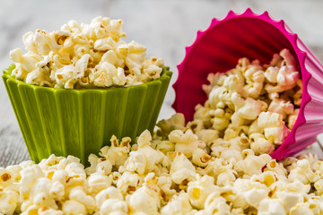 Pile of Popcorn in Colorful Bowls