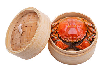 Hairy crabs in Bamboo steamer Isolated on white background.
