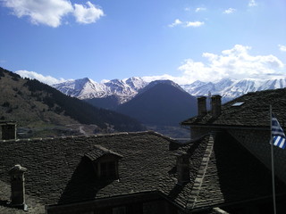 View of snowed mountaintops from Metsovo Epirus Greece