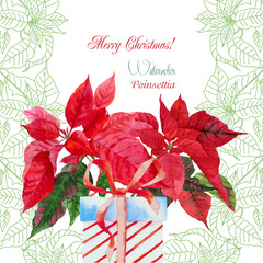 Background  with bouquet of red poinsettia and box - 74367120