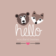 Cute grizzly bear and woodland fox illustration postcard design - 74367555