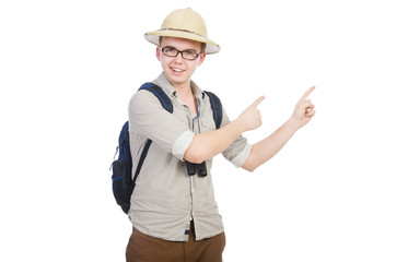 Man in safari hat in hunting concept