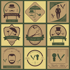 Set of vintage barber, hairstyle and gentlemen club logos. Vecto