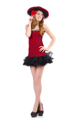 Young redhead girl in polka dot dress and  sombrero isolated on