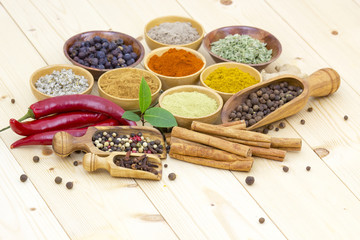Variety of spices on wooden background