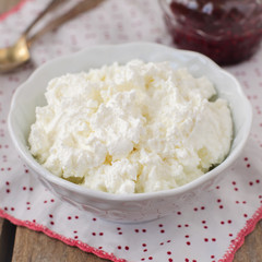 Cottage Cheese (Quark, Cream Cheese, Curd) in a White Bowl