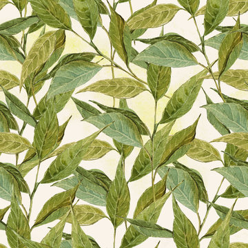 Seamless Watercolor Background with Twigs, Leaves