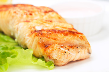 grilled salmon on white plate