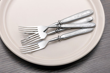 Four antique metallic forks in a ceramic plate